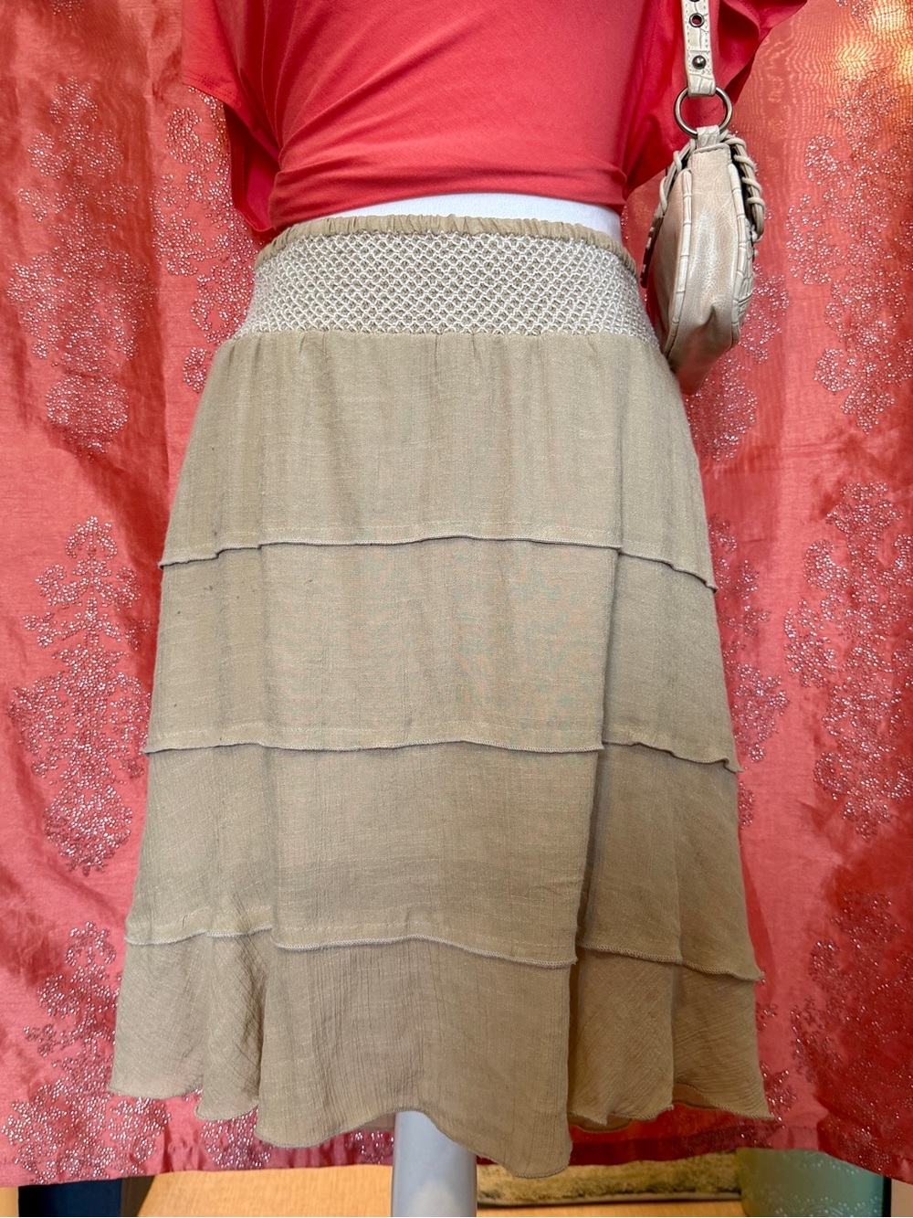 BCX Beige Tiered Rayon Midi Skirt - Lightweight Women's Skirt - L